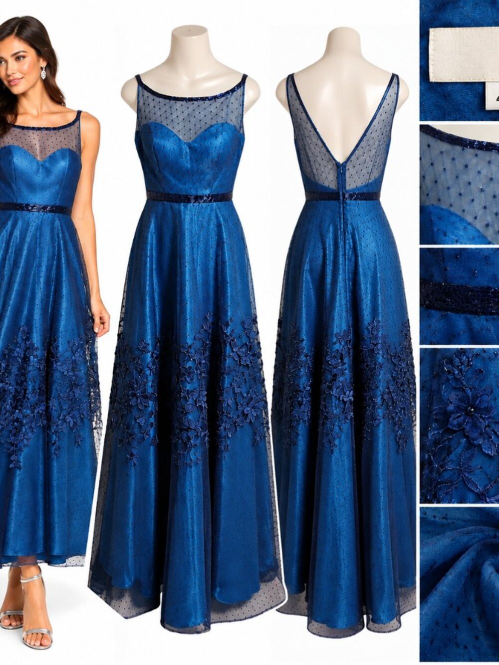 Sherri Hill Blue Evening Gown Sz 6 Sheer Floral Applique Romantic Glam Formal